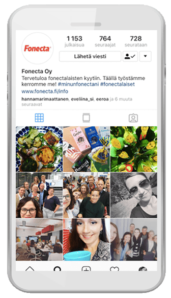 Facebook-mainonnan avulla voi kohdistaa mainontaa myös Instagram-sovelluksessa. Kuvassa Fonectan fonectainfo-Instagram-tili.