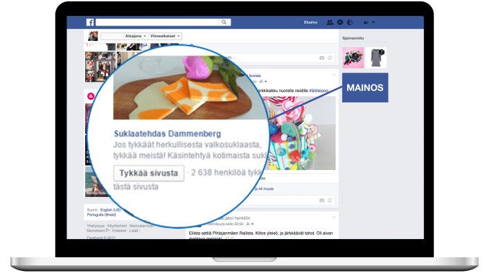 Facebook-mainonta - kuvassa mainospaikka Facebookissa selainversion oikeassa reunassa.